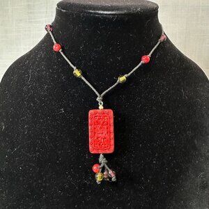 Vintage Carved Cinnabar Pendant Beaded Choker Necklace